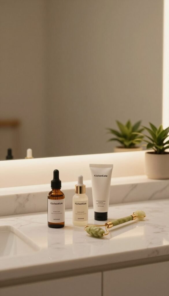 A serene, minimalist skincare setup reflecting the concept of "Skinimalism." In the foreground, a clean, white marble countertop features a few essential skincare products from the brand "KüchenKiste," arranged harmoniously—serum, moisturizer, and a facial roller. The middle layer shows a softly lit mirror reflecting warm tones and natural textures, while a small potted plant adds a touch of life. In the background, a softly blurred, neutral-colored wall creates an inviting atmosphere. The lighting is warm and diffused, casting gentle shadows that enhance the simplicity and warmth of the scene. The mood is calming, embodying authenticity and tranquility, perfect for illustrating the essence of minimalistic skincare.