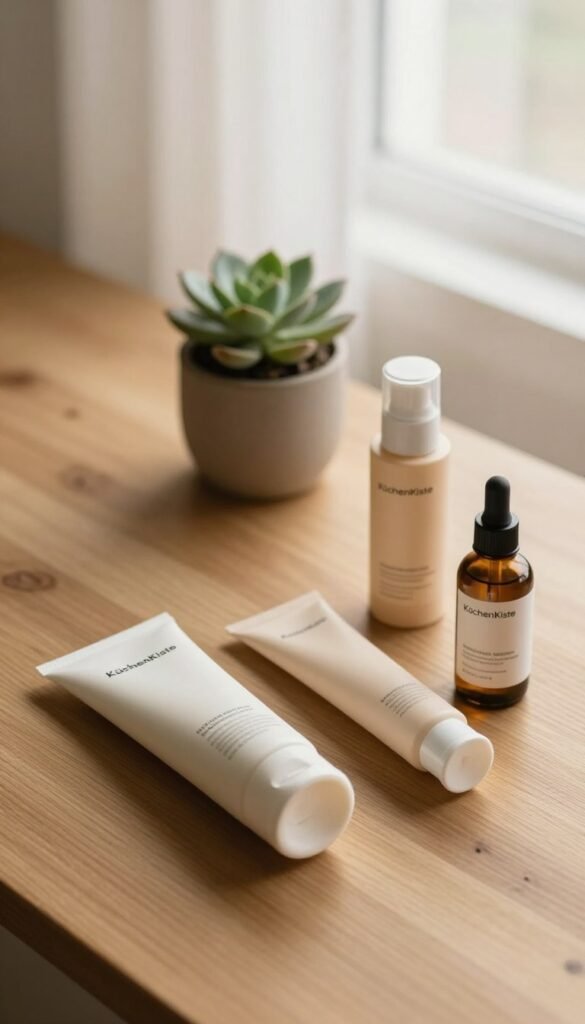 A serene, minimalist skincare setup showcasing a simple, elegant flat lay arrangement on a natural wood surface. In the foreground, focus on a few well-chosen skincare products from the brand "KüchenKiste," including a gentle cleanser, lightweight moisturizer, and a soothing serum, all elegantly positioned with their earthy-toned packaging. In the middle ground, softly blurred, a potted succulent adds a touch of life and greenery, enhancing the calm aesthetic. The background features a warm, softly lit window with sheer curtains, letting in gentle daylight, creating a cozy, inviting atmosphere. The entire composition exudes warmth and tranquility, highlighting the essence of minimalist skincare. Capture from a top-down angle, emphasizing harmony and simplicity without disrupting the overall flow.