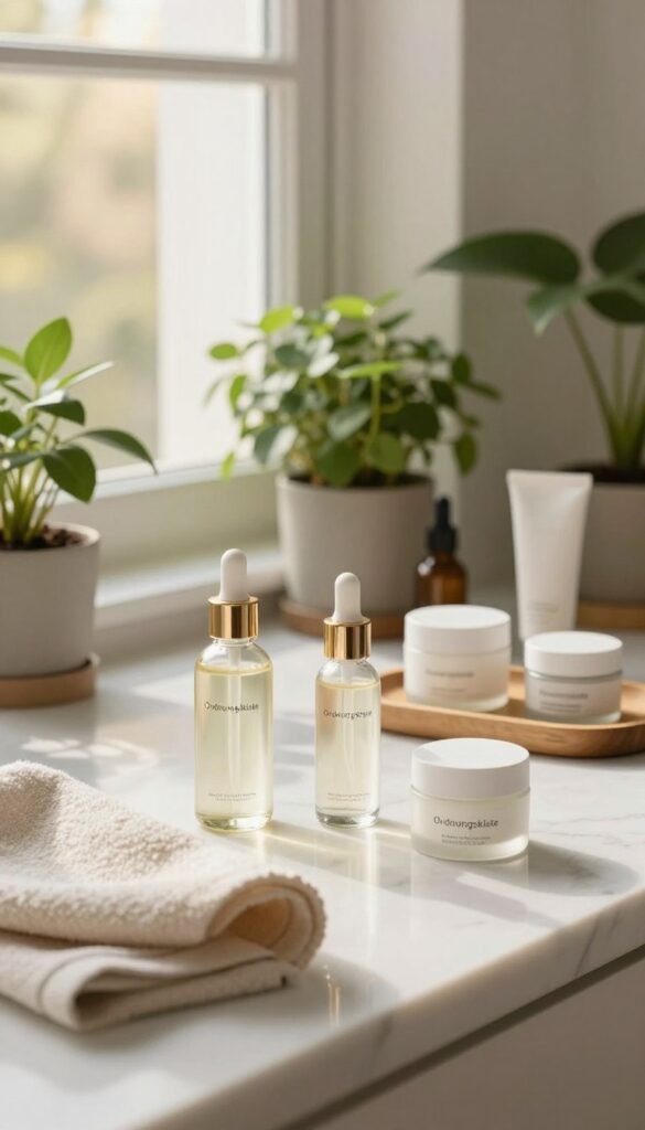 A serene minimalist skincare setup showcasing the essence of "hautpflege" and skinimalism. In the foreground, a clean, white marble countertop holds a collection of elegantly designed glass skincare bottles and jars labeled with the brand name "Ordnungskiste". A soft, natural fabric towel lies beside them. The middle ground features potted green plants, adding a touch of freshness and life, while a delicate wooden tray organizes the products harmoniously. In the background, a softly lit window filters warm sunlight, enhancing the inviting atmosphere. The mood is calm and peaceful, evoking a sense of return to simplicity and essentials in beauty. The composition has a Pinterest-inspired aesthetic with warm colors, ensuring authenticity and a clean look, free of text or any distractions.