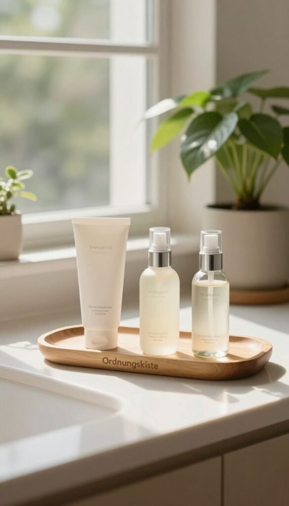 A serene, minimalistic beauty routine scene featuring an organized countertop. In the foreground, a neatly arranged selection of essential beauty products, including a gentle cleanser, a lightweight moisturizer, and a soothing toner, all displayed in elegant glass containers. The middle ground showcases a stylish wooden tray labeled "Ordnungskiste," complementing the aesthetic. Soft, diffused natural light streams in from a large window, illuminating the products and casting gentle shadows. In the background, a soft focus on lush houseplants adds a touch of greenery, enhancing the peaceful atmosphere. The overall mood is calming and organized, with warm colors creating an inviting feel. No text or branding in the image, focusing solely on the beauty products and the minimalist routine.