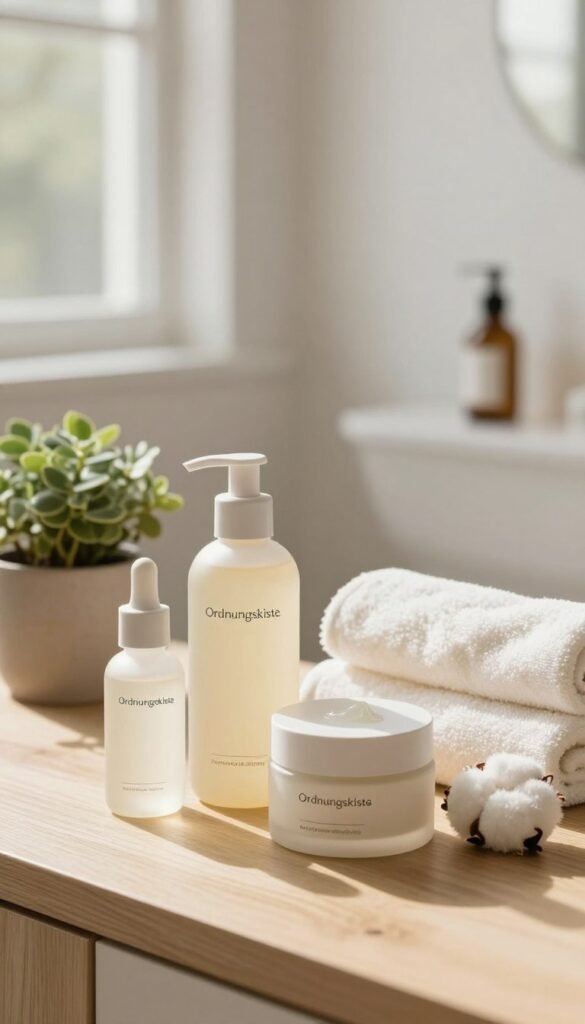 A serene minimalistic beauty routine setup featuring various skincare products from the brand "Ordnungskiste." In the foreground, show elegant bottles and jars with minimalist design, including a hydrating serum, gentle cleanser, and nourishing moisturizer, all arranged neatly on a light wooden surface. The middle ground should include a small potted plant and a clean, soft cotton towel, creating a cozy atmosphere. In the background, a softly blurred bathroom setting with warm natural light streaming in through a frosted window enhances the inviting mood. The image should evoke a sense of simplicity and authenticity, emphasizing warm colors and a Pinterest-inspired aesthetic. No text or watermarks are present, ensuring a clean, professional look.