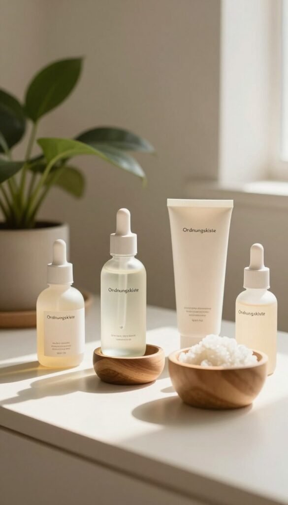 A serene, minimalistic skincare scene featuring a well-organized vanity. In the foreground, a soft-focus assortment of aesthetically pleasing, natural skincare products from the brand "Ordnungskiste" neatly arranged, emphasizing simplicity. In the middle ground, a clear glass bottle with a dropper, a small wooden bowl with a facial scrub, and a lush plant, symbolizing a fresh, clean routine. The background softly blurs into a warm-toned, sunlit room with gentle, natural lighting that casts a soft glow, creating a peaceful atmosphere. The overall mood is one of tranquility and mindfulness, inviting viewers to rethink excessive skincare rituals. The composition encourages a sense of ease and elegance, free of any text or distractions.