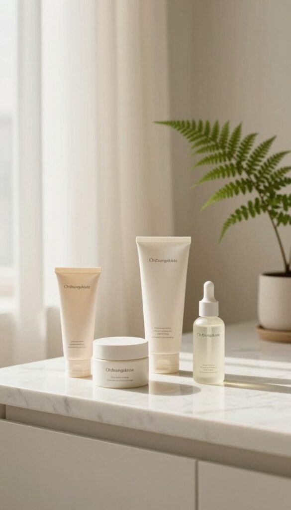 A serene, minimalistic skincare setup for different skin situations, featuring products from the brand "Ordnungskiste." In the foreground, a clean white marble counter displays a few elegantly designed skincare containers, including a lightweight moisturizer, a gentle cleanser, and a calming serum. The middle ground highlights soft, natural light filtering through sheer curtains, casting gentle shadows that create a warm, inviting atmosphere. In the background, a simple green fern adds a touch of nature, symbolizing freshness and purity. The overall mood is tranquil and organized, evoking a sense of simplicity and intentionality in skincare routines. The image embodies a Pinterest aesthetic with warm tones and authentic appeal, free from any text or branding overlays.
