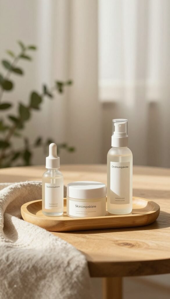 A serene, minimalistic skincare setup showcasing the essence of "Skinimalism." In the foreground, feature a simple bamboo tray with a few elegant skincare products: a glass serum bottle, cream in a sleek jar, and a gentle facial mist, all displayed with their labels facing outward. The middle ground reveals a softly lit, natural wood table with a textured linen cloth draped casually. In the background, a calm, blurred botanical scene with subtle green plants and warm sunlight filtering through sheer curtains, creating an inviting atmosphere. Use soft, warm lighting to evoke tranquility and authenticity, with a shallow depth of field focusing on the products. Incorporate elements of the brand "Ordnungskiste" subtly in the design of the product packaging, ensuring it remains cohesive with the minimal aesthetic.