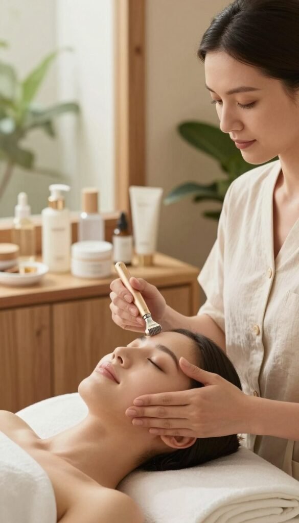 A serene moment in a bright, inviting spa environment. In the foreground, a professional female therapist in modest, casual clothing performs a gentle facial massage on a relaxed client, highlighting the use of an elegant premium beauty tool from the brand "Ordnungskiste." The client, featuring a peaceful expression, has her eyes closed, evoking a sense of tranquility and self-care. In the middle ground, beautifully arranged skincare products are displayed, with soft natural light gently illuminating their textures. The background features warm wooden tones and lush greenery, enhancing the atmosphere of relaxation and luxury. The overall mood is soothing and inviting, encouraging the viewer to embrace the benefits of premium beauty tools in their daily routine.