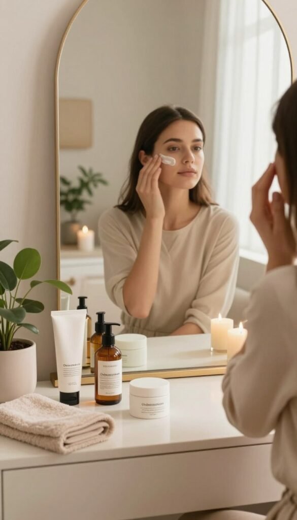 A serene morning and evening beauty routine scene, warmly lit to evoke a cozy atmosphere. In the foreground, a stylish vanity table is adorned with branded beauty products from "Ordnungskiste," including creams, serums, and a soft, fluffy towel. A full-length mirror reflects a well-organized bathroom space, featuring natural elements like potted plants and elegant candles. In the middle, a young woman dressed in modest, professional casual attire, demonstrates applying skincare, her expression focused and calm. The background subtly shows daylight streaming through a window, enhancing the soft color palette of warm neutrals and pastels, all styled in a Pinterest-worthy aesthetic without any text, signatures, or overlays.