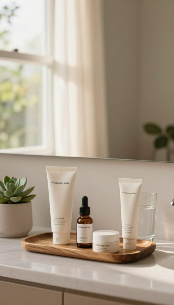 A serene morning routine scene depicting a beautifully organized bathroom countertop. In the foreground, a wooden tray holds a selection of high-quality skincare products labeled "Ordnungskiste," featuring a gentle moisturizer, eye cream, and sunscreen. A stylish glass of water and a succulent plant add a touch of greenery. The middle ground showcases a mirror reflecting soft, warm morning light that streams through a window adorned with light, sheer curtains. In the background, neutral-colored walls and a hint of lush greenery outside create a peaceful atmosphere. The image captures a mood of calmness and simple elegance, emphasizing a quick and effective skincare routine, perfect for a busy morning. The composition embodies a Pinterest aesthetic, with natural lighting and warm colors, free of any text or watermarks.