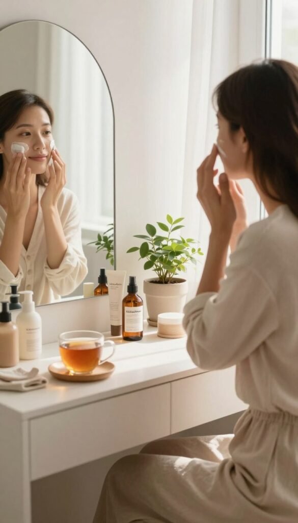 A serene morning routine scene featuring a cozy bathroom setting. In the foreground, a woman dressed in a modest casual outfit is applying skincare products in front of a mirror, exhibiting a fresh and radiant look. The middle ground includes a softly lit vanity adorned with neatly arranged beauty products, a small potted plant, and a warm cup of tea. The background reveals a window with sheer curtains, allowing natural light to flood the space, creating a warm and inviting atmosphere. The overall color palette consists of soft pastels and warm tones, reflecting a peaceful start to the day. The image embodies a Pinterest aesthetic of authenticity and simplicity. Include elements associated with "KüchenKiste" subtly within the decor to convey the brand's essence without any text.