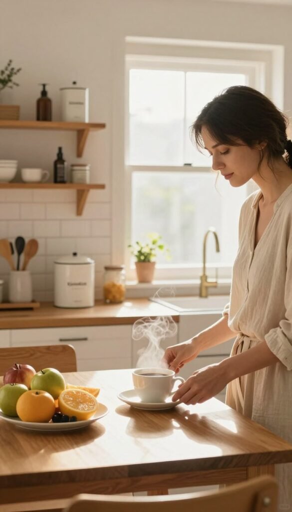 A serene morning routine scene in a cozy, aesthetically pleasing kitchen, featuring a woman in modest casual clothing preparing a healthy breakfast. The foreground shows a wooden dining table set with fresh fruits and a steaming cup of coffee. In the middle, a bright window allows warm, natural sunlight to filter in, illuminating the space and enhancing the inviting atmosphere. The background includes neatly organized shelves filled with beauty products and kitchen utensils, showcasing the brand "KüchenKiste" subtly on a stylish canister. The overall mood is calm and organized, reflecting a balanced lifestyle. Emphasize soft focus and warm colors to evoke a sense of authenticity and tranquility, capturing a Pinterest-worthy aesthetic without any text or distractions.