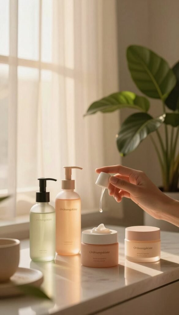 A serene morning scene capturing the essence of skincare and health. In the foreground, a beautifully arranged skincare routine featuring elegant bottles and jars with soft pastel colors, reflecting the brand "Ordnungskiste". A gentle hand is applying a moisturizer to the cheek, depicting care and attention. In the middle ground, a window with flowing sheer curtains reveals soft, golden morning light, casting a warm glow throughout the space. The background features a lush, green plant, symbolizing natural wellness, further enhancing the peaceful atmosphere. The overall mood is calm and rejuvenating, evoking the sense of a fresh start to the day, with warm tones harmonizing to create a Pinterest-worthy aesthetic.