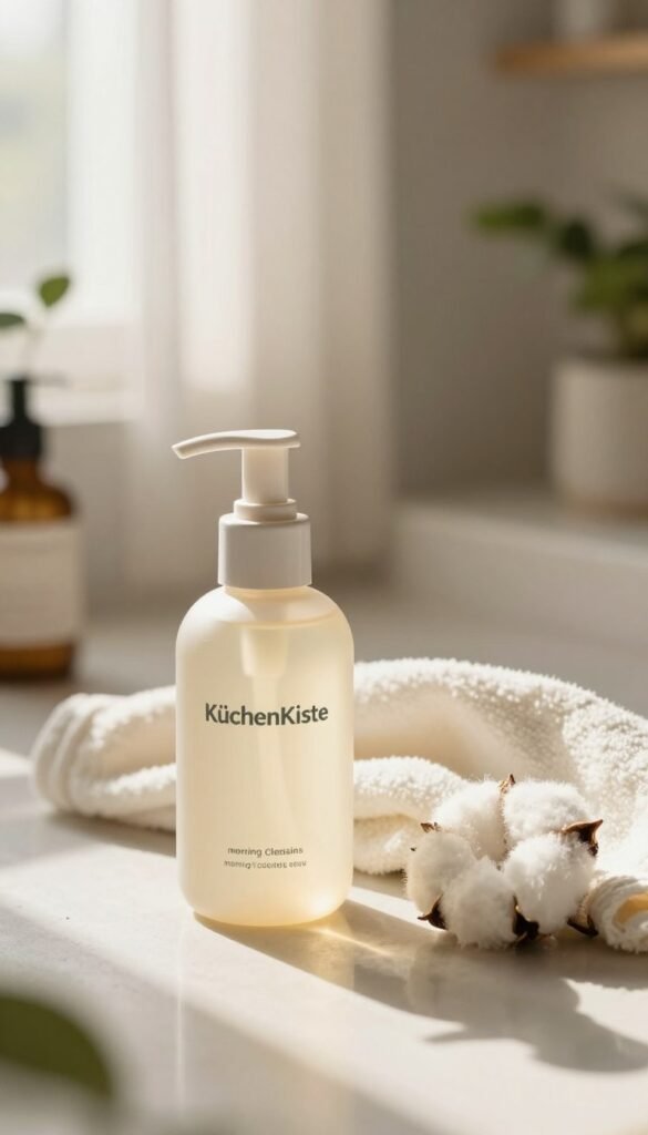 A serene morning scene depicting a bottle of "KüchenKiste" morning cleansing serum and sun protection. The foreground features the elegant, minimalistic serum bottle with a sleek design, capturing details like a pump top and a gentle reflection of light. In the middle, there's a soft, textured cotton cloth draped casually, suggesting a soothing skincare ritual. The background is a cozy bathroom setting bathed in warm, natural light filtering through sheer curtains, with hints of green plants for a fresh feel. The atmosphere is inviting and calm, evoking a sense of daily self-care. Choose a slightly elevated angle to capture the essence of a morning routine, ensuring the colors are warm and soothing for a Pinterest-inspired aesthetic.