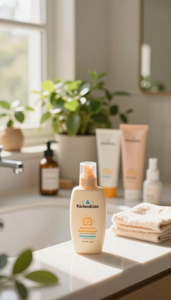 A serene morning scene featuring a beautifully arranged skincare setup for sun protection. In the foreground, a stylish bottle of "KüchenKiste" sunscreen is prominently displayed, surrounded by gentle hues of pastel colors. Soft sunlight filters through a nearby window, casting a warm glow on the scene. In the middle, a fresh and inviting bathroom countertop features various skincare products organized neatly, with lush green plants adding a touch of nature. The background shows a softly blurred image of a well-decorated bathroom with calming tones and textures, creating an ambiance of tranquility and rejuvenation. The overall atmosphere is wholesome and inviting, illustrating the importance of a morning skincare routine focusing on sun protection, anti-aging, and blemish prevention.