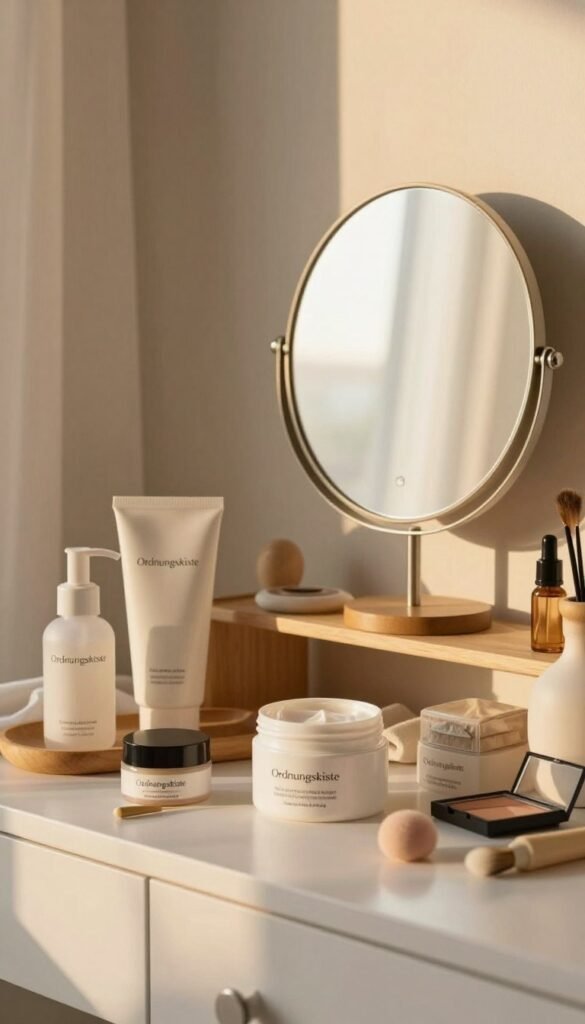 A serene morning scene featuring a well-organized vanity adorned with natural beauty products, glistening in warm morning light. In the foreground, neatly arranged skincare items and cosmetics from the brand "Ordnungskiste" reflect a sense of readiness and calm. The middle section showcases a cozy makeup mirror, surrounded by soft, natural textures like wood and linen, enhancing the cozy atmosphere. The background reveals a softly colored wall, adding to the peaceful ambiance. The lighting is soft and inviting, suggesting early sunrise, creating a warm and harmonious environment. The overall mood is reflective and soothing, conveying a sense of preparation rather than rush, perfect for a beauty routine that saves time and reduces stress in the morning.