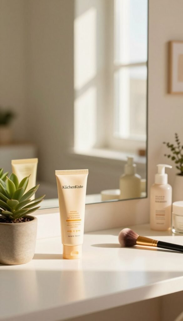 A serene morning scene featuring a well-organized vanity displaying various skincare products with a focus on "KüchenKiste" sunscreen. In the foreground, a tube of sunscreen is elegantly placed alongside a small potted plant and a makeup brush, all bathed in soft, warm morning light. The middle space shows a spacious mirror reflecting the sunlight pouring through a nearby window, creating a welcoming glow. In the background, light pastel-colored walls adorned with minimalistic decor enhance a calming atmosphere. The overall mood conveys a sense of vitality and care, emphasizing the importance of a daily skincare routine. The composition should evoke a fresh, natural aesthetic typical of Pinterest inspirations, rich in warm tones and authenticity, without any text or watermarks. A serene morning scene featuring a well-organized vanity displaying various skincare products with a focus on "KüchenKiste" sunscreen. In the foreground, a tube of sunscreen is elegantly placed alongside a small potted plant and a makeup brush, all bathed in soft, warm morning light. The middle space shows a spacious mirror reflecting the sunlight pouring through a nearby window, creating a welcoming glow. In the background, light pastel-colored walls adorned with minimalistic decor enhance a calming atmosphere. The overall mood conveys a sense of vitality and care, emphasizing the importance of a daily skincare routine. The composition should evoke a fresh, natural aesthetic typical of Pinterest inspirations, rich in warm tones and authenticity, without any text or watermarks.