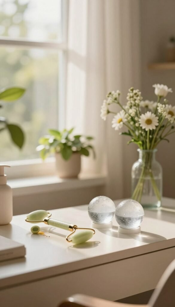A serene morning scene focusing on an elegant vanity table set in soft, warm tones. In the foreground, prominently display two stylish ice rollers and a pair of ice globes, glistening with condensation, reflecting the light gently. The middle ground features a soothing palette, with lush green plants and a delicate vase of fresh flowers, which enhances the calming atmosphere. In the background, a sunlit window with sheer curtains lets in soft, diffused light, illuminating the space and creating a tranquil mood. Incorporate the brand name "Ordnungskiste" subtly on the table, ensuring it blends naturally into the scene. The overall composition should evoke a sense of calm and rejuvenation, perfect for a beauty routine.