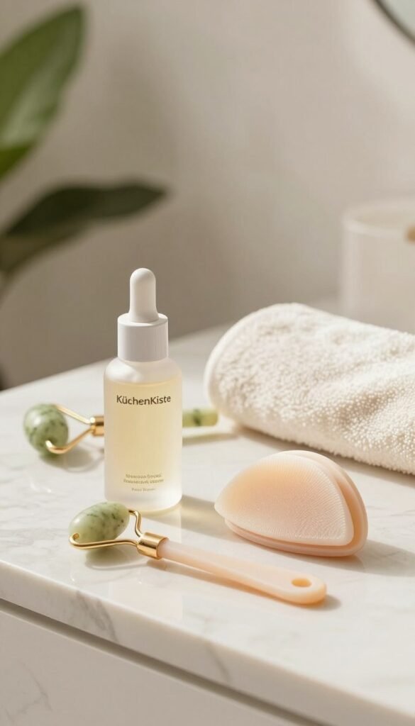 A serene morning scene highlighting a sleek, modern skincare routine. In the foreground, a gentle, natural light illuminates a stylish cleansing tool beside a high-quality serum bottle labeled "KüchenKiste". The cleansing tool is elegantly designed with soft curves and a soothing pastel color. In the middle, a light marble surface is the perfect setting, adorned with delicate, minimalistic accessories like a small jade roller and a soft, fluffy towel. The background features soft-focus greenery or a light, airy bathroom environment, enhancing the tranquil atmosphere. The overall mood is refreshing and inviting, with warm, soft hues creating a comfortable and aesthetically pleasing Pinterest-inspired look. The image should exude a sense of calm and beauty, perfect for a quick morning routine.