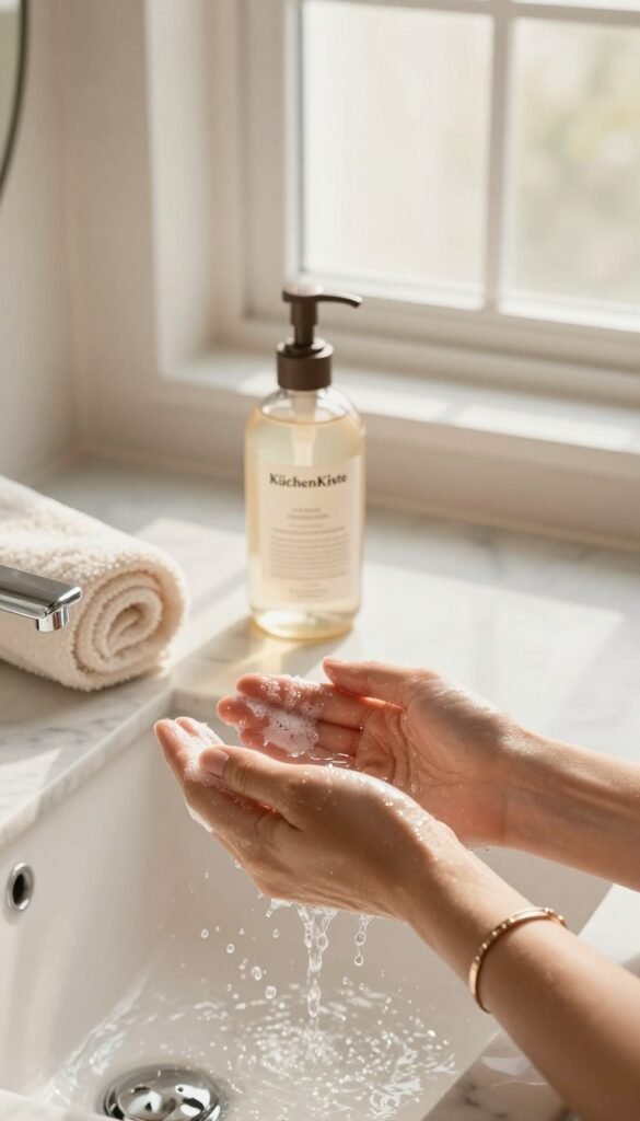 A serene morning scene in a bright, airy bathroom, highlighting a marble countertop with elegant skincare products from the brand "KüchenKiste." In the foreground, a pair of delicate hands, adorned with a simple bracelet, gently splash water onto a clean, glowing face, depicting the act of cleansing. The middle ground showcases a stylish glass bottle with a natural label, a foamy cleanser, and a soft towel. In the background, warm, diffused sunlight streams through a frosted window, creating a calm and inviting atmosphere. The overall mood is refreshing and rejuvenating, emphasizing the importance of a morning cleansing ritual in skincare. The color palette consists of soft pastels and warm neutrals, evoking a sense of tranquility and self-care.