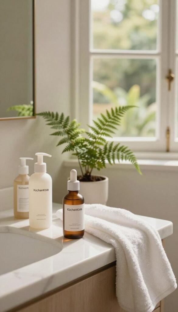 A serene morning scene in a softly lit, warm-toned bathroom featuring a stylish arrangement of skincare products, including the "KüchenKiste" serum and moisturizer. In the foreground, a clean white marble countertop holds elegant bottles with minimalistic design. In the middle, a delicate fern plant adds a touch of greenery beside the skincare items, while a plush white towel drapes over the edge. The background showcases a sunlit window, framing a view of a peaceful garden, contributing to an atmosphere of relaxation and tranquility. The overall mood is inviting and calm, ideal for a stress-free beauty routine. The composition feels authentic and Pinterest-inspired, emphasizing natural beauty and self-care without any text or branding visible.