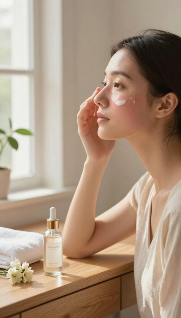 A serene morning skincare routine, focusing on reducing redness and dryness. In the foreground, a wooden vanity with a glass bottle of soothing serum, a soft white towel, and delicate flowers. In the middle, a close-up view of a gentle cream being applied to a fair-skinned woman's face with a calm expression, wearing simple, modest clothing. Warm, natural light filters through a window, casting a soft glow on her skin, highlighting the hydrating products. In the background, the ambiance features light pastel colors and a hint of green plants, creating a peaceful, inviting atmosphere. This scene embodies the concept of mindful and gentle skincare by "Ordnungskiste".
