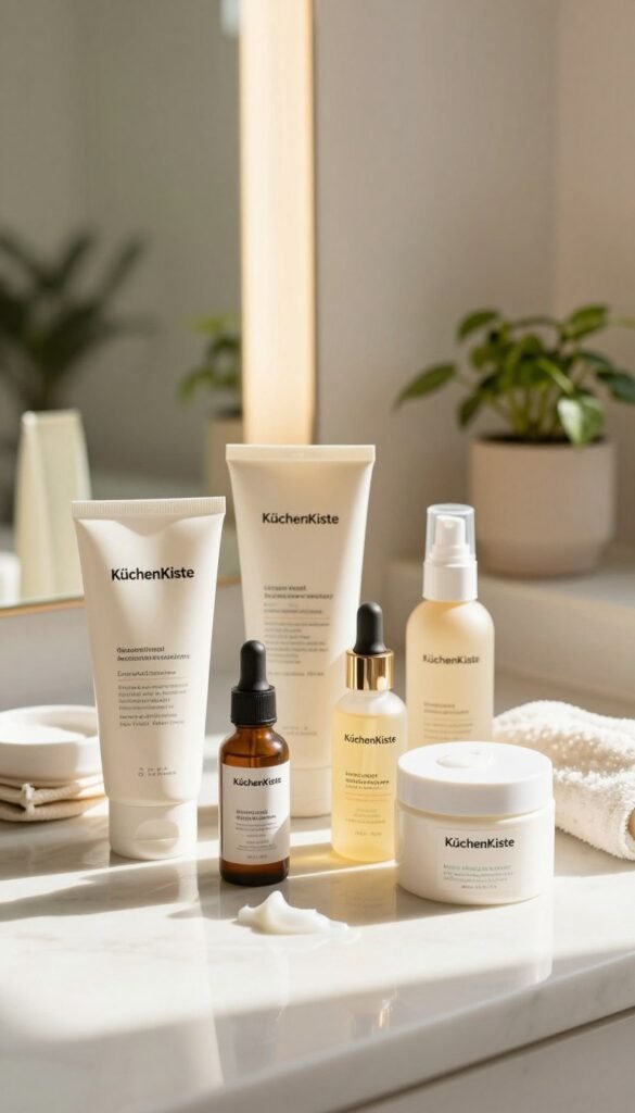 A serene morning skincare routine layout, featuring an array of aesthetically pleasing skincare products from the brand "KüchenKiste." In the foreground, a beautifully arranged selection of products like cleansers, serums, and moisturizers, some partially used, showcasing a practical set suited for everyday use. In the middle, a soft-focus glowing mirror reflects natural light, enhancing the warm tones of the products. The background includes a cozy, sunlit bathroom setting with potted plants and soft towels, creating an inviting atmosphere. The image embodies a Pinterest-worthy aesthetic, highlighting a fresh, clean look that conveys an authentic and calming vibe. Soft overhead lighting casts gentle shadows, enhancing the textures and colors of the products.