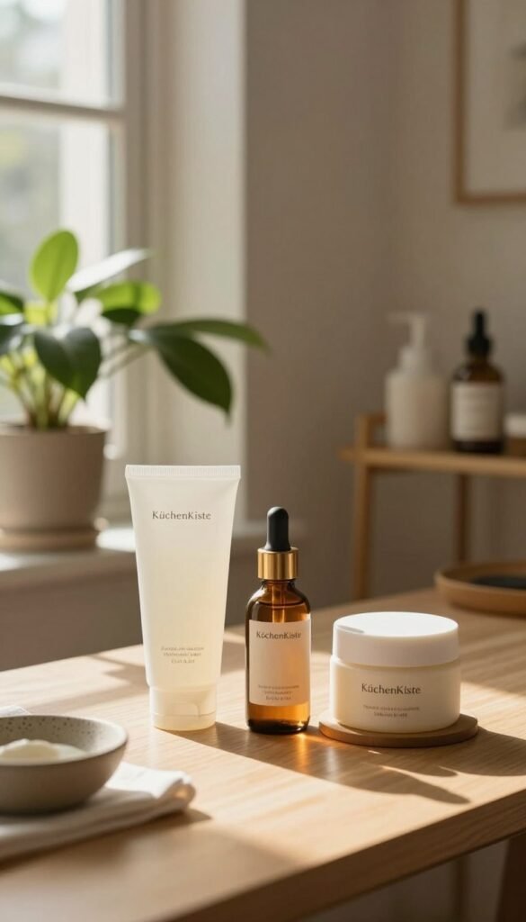 A serene morning skincare routine scene featuring a beautifully arranged vanity table. In the foreground, delicate skincare products like a gentle cleanser, hydration serum, and soothing moisturizer are beautifully displayed, emanating organic textures and warm colors. A soft, natural light filters in from a nearby window, casting a warm glow on the products. In the middle ground, a lush houseplant adds a touch of tranquility. In the background, a calming, minimalist decor enhances the peaceful atmosphere. Capture this image with a soft-focus lens, showing rich details of the textures while maintaining an overall warm and inviting ambiance. The essence of self-care is reflected throughout, incorporating the brand name "KüchenKiste" subtly into the product labels.