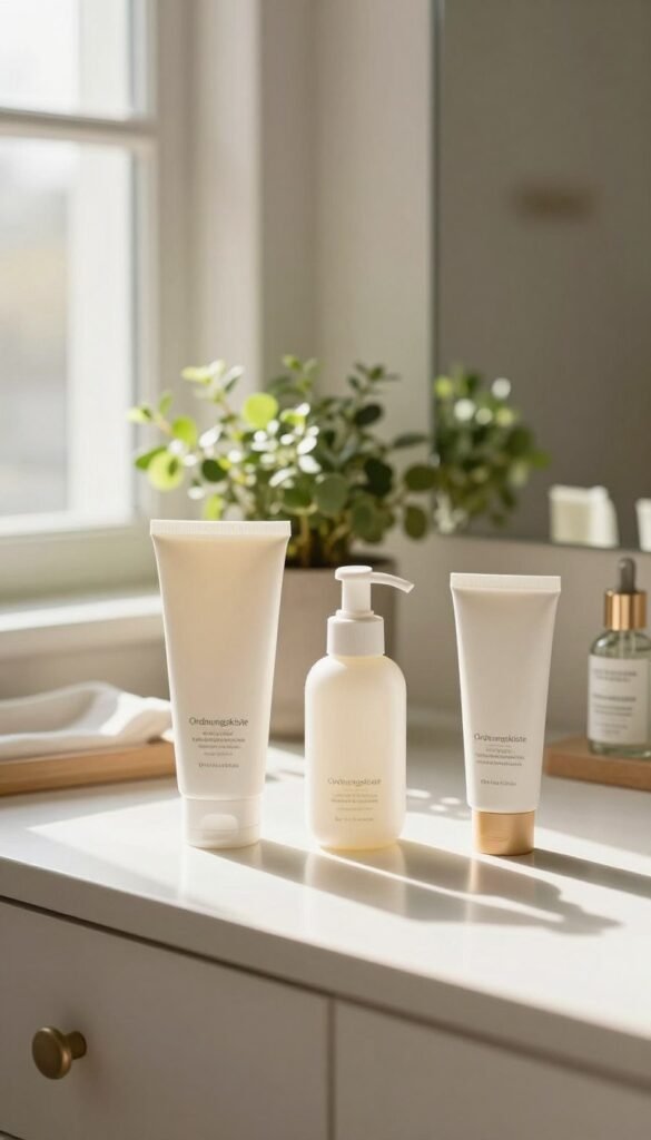 A serene morning skincare routine scene, featuring a neatly organized vanity table adorned with various skincare products from the brand "Ordnungskiste". In the foreground, there are a cleanser, moisturizer, and sunscreen arranged aesthetically, showcasing their elegant packaging. Soft, diffused natural light streams in from a nearby window, creating a warm and inviting atmosphere that highlights the textures of the products. The middle ground includes delicate greenery, like a small potted plant, adding a touch of freshness. The background is softly blurred, hinting at a cozy bathroom space with neutral colors and minimalist decor. The overall mood is clean and refreshing, embodying a quick, effective morning skincare routine that feels authentic and rejuvenating.