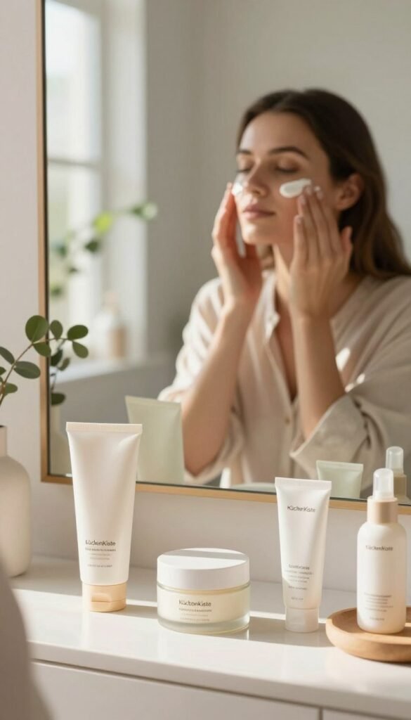 A serene morning skincare routine scene set in a bright, cozy bathroom. In the foreground, a modern vanity table with an assortment of skincare products, elegantly arranged, including a facial cleanser, moisturizer, and sunscreen, all branded "KüchenKiste". A gentle morning light streams in through a window, casting soft shadows and highlighting the textures of the products. In the middle, a close-up of a woman in modest casual clothing, gently applying cream to her face, with a focused yet relaxed expression, showcasing the importance of a structured skincare routine. In the background, a mirror reflects the calm ambiance, adorned with greenery, creating a natural and inviting atmosphere with warm colors for a wholesome Pinterest-inspired aesthetic. A serene morning skincare routine scene set in a bright, cozy bathroom. In the foreground, a modern vanity table with an assortment of skincare products, elegantly arranged, including a facial cleanser, moisturizer, and sunscreen, all branded "KüchenKiste". A gentle morning light streams in through a window, casting soft shadows and highlighting the textures of the products. In the middle, a close-up of a woman in modest casual clothing, gently applying cream to her face, with a focused yet relaxed expression, showcasing the importance of a structured skincare routine. In the background, a mirror reflects the calm ambiance, adorned with greenery, creating a natural and inviting atmosphere with warm colors for a wholesome Pinterest-inspired aesthetic.