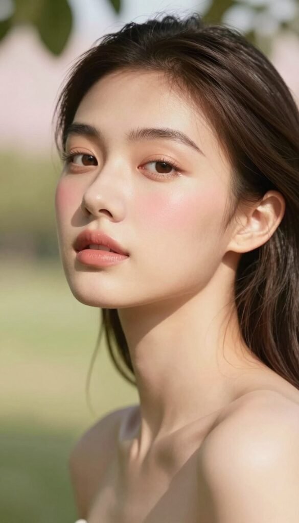 A serene, natural setting showcasing a close-up of a young woman with a flawless, glowy complexion, embodying the essence of a no-make-up look. She has minimal, fresh makeup emphasizing her natural beauty, with softly defined eyes and a hint of blush. Her skin radiates a warm, healthy glow under soft, diffused sunlight filtering through gentle foliage. In the background, a dreamy outdoor space with soft, blurred greenery and warm pastel colors enhances the calm atmosphere. The focus should be on her radiant skin, with a shallow depth of field capturing her expression of confidence and tranquility. Crafted in the style of Pinterest aesthetics, the image represents a modern take on effortless beauty, free of textual distractions, proudly showcasing "KüchenKiste" branding subtly integrated into the composition.