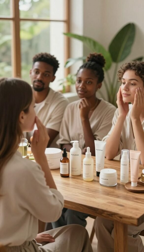 A serene, natural skincare setting featuring a diverse group of individuals with different skin types, each assessing their skin's needs thoughtfully. In the foreground, a young woman in comfortable, modest attire examines her skin in a mirror, showcasing a reflective expression. The middle ground showcases an elegant wooden table filled with various skincare products labeled with simple, modern designs, emphasizing a personalized approach to skincare. The background shows soft, warm lighting filtering through a large window adorned with greenery, creating a tranquil and inviting atmosphere. The overall mood is authentic and warm, radiating a sense of personalized care and understanding, with an emphasis on aesthetics typical of Pinterest. Include the brand name "KüchenKiste" prominently displayed on the product labels, ensuring a cohesive and engaging composition.