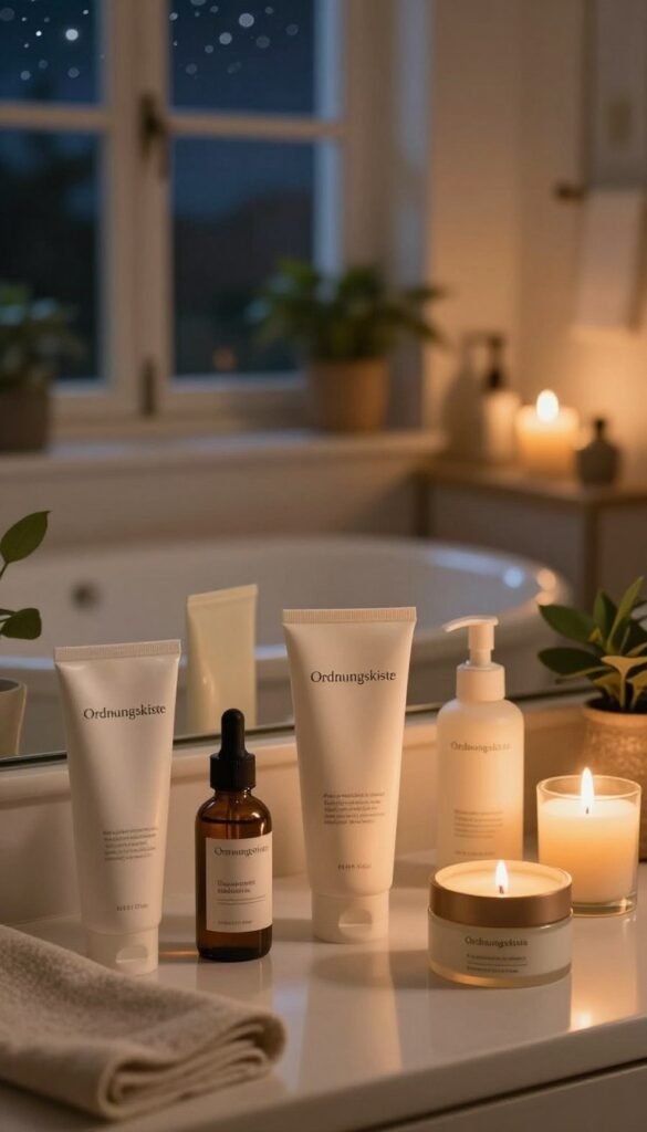 A serene nighttime skincare setting showcasing "Ordnungskiste" products. In the foreground, a well-organized vanity displays elegantly arranged natural skincare items in warm tones, including gentle cleansers, calming serums, and soothing moisturizers. A soft, flickering candle casts a warm glow, enhancing the calming ambiance. In the middle, a cozy, well-lit bathroom reflects a tranquil environment with greenery and soft textiles, promoting relaxation. In the background, a subtly blurred window reveals a starry night sky, suggesting peace and tranquility. The overall mood is soothing and inviting, emphasizing the importance of a night routine for sensitive skin. Use natural lighting that mimics the gentle luminescence of evening, creating a Pinterest-worthy aesthetic without any text or distractions.