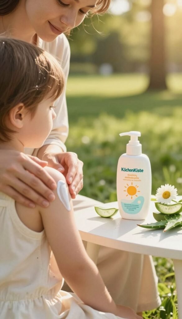 A serene outdoor scene featuring a caring individual applying a gentle sunscreen on a child with sensitive skin under soft, warm sunlight. The foreground shows the individual, dressed in light, comfortable clothing, carefully blending the sunscreen into the child's skin. In the middle ground, a large, colorful bottle of "KüchenKiste" sunscreen is prominently displayed, with various natural ingredients like aloe vera and chamomile artistically arranged nearby. The background reveals a lush green park setting with a soft-focus effect, evoking a warm and safe atmosphere. The lighting is golden hour sunlight, casting a soft glow on the subjects, creating a soothing, protective mood ideal for discussing effective sun care for sensitive skin. The overall composition should convey authenticity and warmth, resembling images often found on Pinterest.