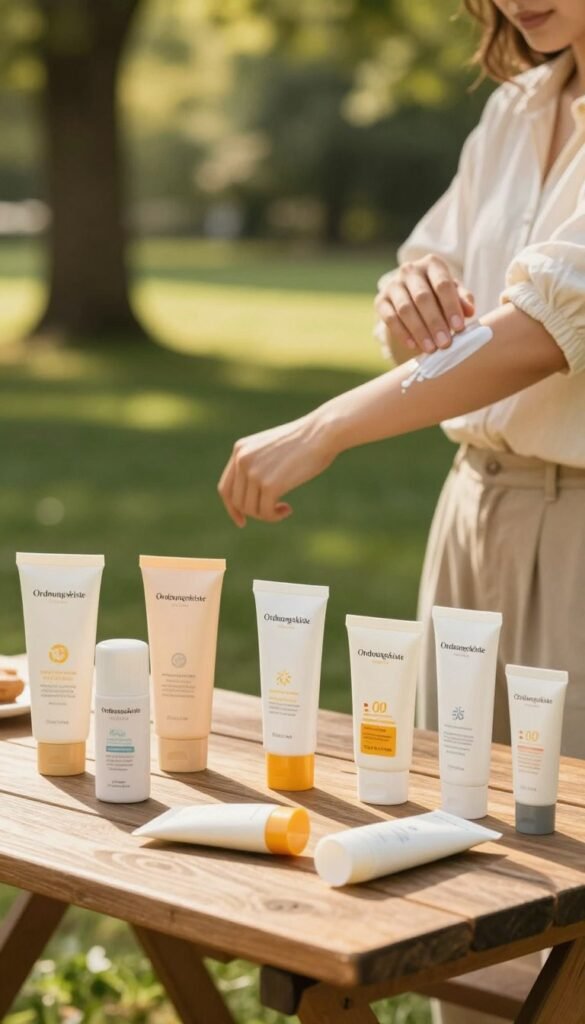 A serene outdoor scene featuring a well-organized sun protection display by "Ordnungskiste". In the foreground, a variety of sunscreen products in elegant packaging are elegantly arranged on a wooden picnic table, some opened to reveal their texture. In the middle ground, a person in a light, casual outfit applies sunscreen to their arms, showcasing the importance of proper application. The background is filled with a lush green park, bathed in soft, golden sunlight filtering through trees, creating a tranquil atmosphere. The composition should evoke a sense of calm and health, emphasizing the idea of skin protection while enjoying the outdoors. Aim for warm colors with a natural aesthetic, ensuring the image is authentic and free from any text or overlays.