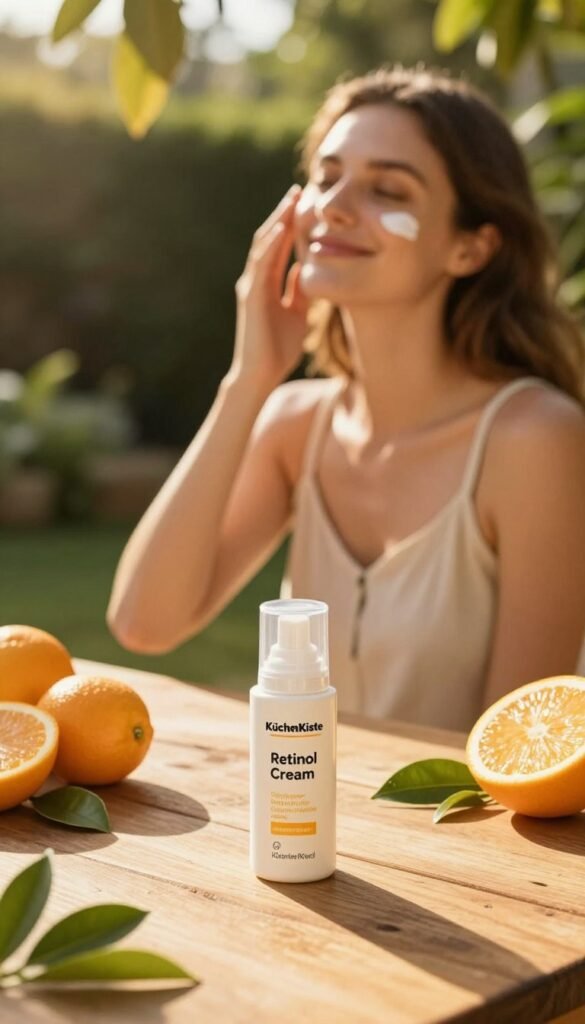 A serene outdoor setting illustrating the relationship between retinol and sun protection. In the foreground, a skincare product labeled "KüchenKiste Retinol Cream" sits elegantly on a sunlit wooden table, surrounded by fresh citrus fruits and natural botanical elements like green leaves. In the middle ground, a woman in modest casual attire applies sunscreen on her face, smiling softly as she embraces the warm sunlight. The background features a lush garden bathed in natural golden hour light, with soft, warm colors creating a cozy atmosphere. The image captures the essence of skincare routine with an emphasis on sun safety, portrayed in a natural aesthetic reminiscent of Pinterest styles, emphasizing a healthy glow and vibrant life.