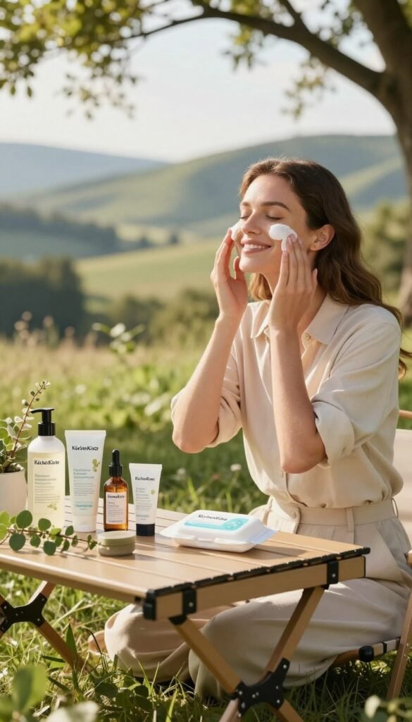 A serene, outdoor travel scene showcasing a woman in professional, modest attire using the "KüchenKiste" skincare product for a quick and effortless cleansing routine. In the foreground, a small, stylish picnic-style table displays a variety of natural beauty products, including gentle cleansers and refreshing wipes, surrounded by soft greenery. The middle ground features the woman smiling and applying a cleanser to her face, radiating relaxation and confidence. In the background, a picturesque landscape with rolling hills and soft, warm sunlight filters through trees creates a tranquil atmosphere. The overall mood is light and refreshing, emphasizing a stress-free beauty routine. The image should reflect authentic Pinterest aesthetics with warm colors, ensuring there are no text overlays or distractions.