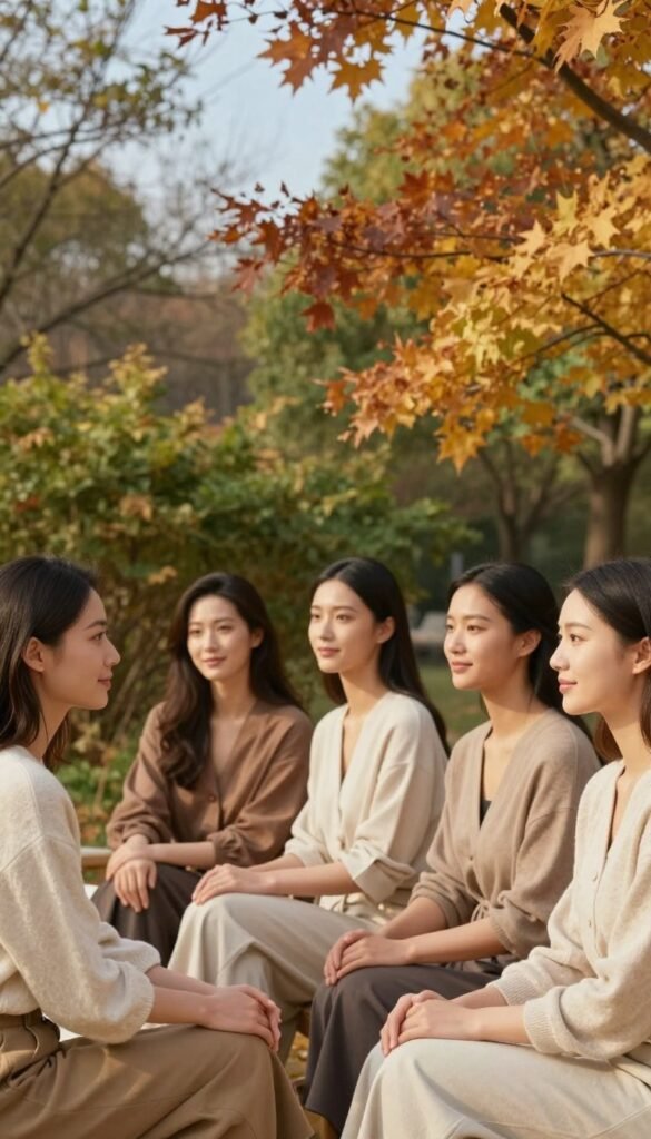 A serene scene capturing the essence of spring and autumn, focusing on the beauty of skin in natural, warm tones. In the foreground, a diverse group of individuals dressed in stylish yet modest outfits, representing the seasonal transitions, engage in a calm outdoor gathering. Their skin glows, reflecting the gentle sunlight, showcasing a healthy complexion. The middle ground features vibrant greenery merging with warm-hued autumn leaves, creating a harmonious balance of colors. The background displays softly blurred trees and a clear blue sky, enhancing the overall tranquil atmosphere. The lighting is soft and diffused, emulating a cozy, Pinterest-inspired aesthetic. The mood is inviting and soothing, perfect for illustrating skin wellness during seasonal changes. Include subtle branding elements of "KüchenKiste" integrated into the natural setting.