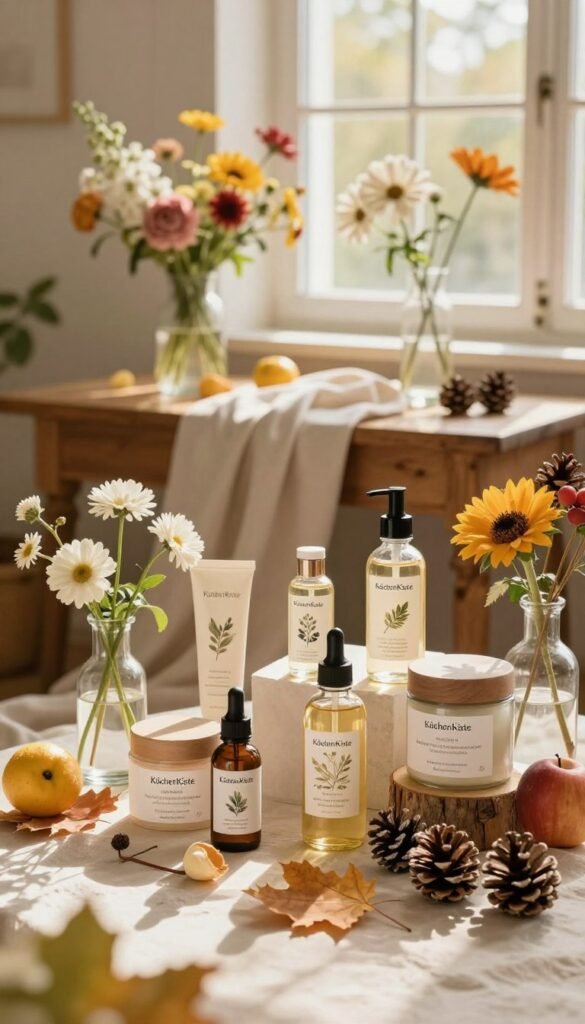 A serene, seasonal beauty setup inspired by the four seasons, featuring a beautifully arranged display of natural skincare products. In the foreground, there are elegant glass bottles and jars with botanical labels, surrounded by seasonal elements: fresh spring flowers, summer fruits, autumn leaves, and winter pine cones. In the middle ground, soft fabric draping showcases a cozy, rustic wooden table adorned with vases of seasonal blooms. The background features a softly blurred window with warm, natural light streaming in, casting gentle shadows. The atmosphere is inviting and harmonious, exuding a Pinterest-inspired aesthetic with warm colors. This image should reflect a professional, yet casual mood, showcasing the brand "KüchenKiste" through natural elements and a balanced composition.