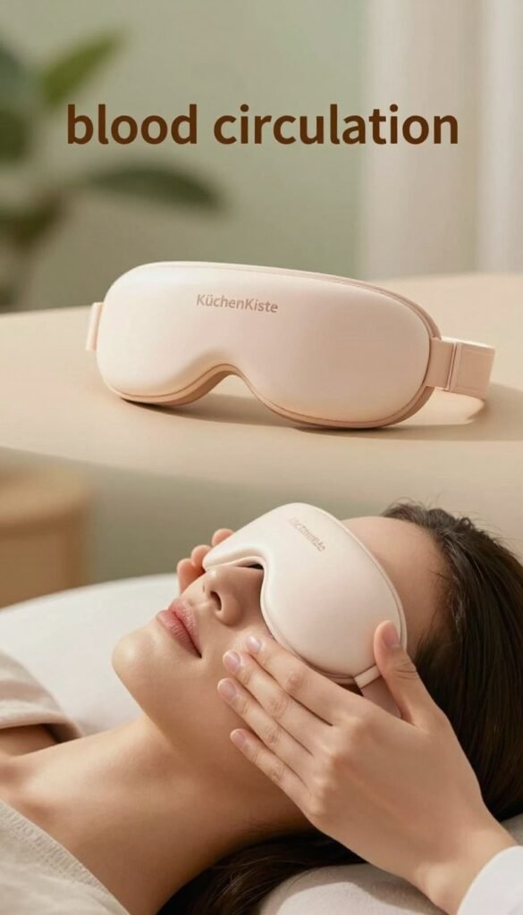 A serene setting highlighting the concept of "blood circulation" and relaxation. In the foreground, a pair of hands gently massaging the area around the eyes of a person in professional attire, demonstrating the soothing effects of an eye massager. The middle ground showcases an elegant eye massage tool, subtly integrated into the scene, with warm lighting creating a calming atmosphere. The background features soft, blurred tones resembling natural elements, such as gentle hues of soft green and light brown, enhancing the feeling of tranquility. The overall mood is one of peacefulness and wellness, emphasizing the benefits of relaxation and improved circulation. The image should have a Pinterest-inspired aesthetic, with rich textures and a cozy ambiance. Brand name "KüchenKiste" subtly integrated into the design.