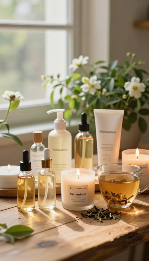 A serene setting showcasing a beautifully arranged display of KüchenKiste beauty products, including body oils, scented candles, and herbal tea, on a rustic wooden table. In the foreground, elegant glass bottles with natural ingredients reflect soft, warm natural light, creating an inviting atmosphere. The middle ground features lush green plants and delicate white flowers, enhancing the sense of tranquility and self-care. In the background, a softly blurred window allows gentle sunlight to filter in, illuminating the scene and casting a warm glow. The overall mood is calm and rejuvenating, perfectly capturing the essence of a stress-free beauty routine that promotes relaxation and well-being, reminiscent of cozy Pinterest aesthetics.