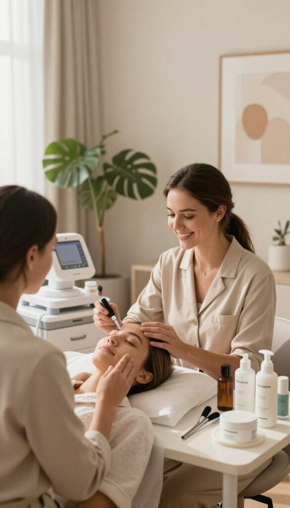A serene skincare analysis scene set in a bright, airy room filled with natural light. In the foreground, a professional aesthetician with a warm smile wears modest business attire, examining a client's skin using a high-tech skin analysis device. The middle ground features a sleek consultation table adorned with various skincare products and tools organized neatly. The background includes soft greenery and calming wall art that enhances the room's atmosphere. Warm, earthy tones create a comforting and inviting mood, reminiscent of a Pinterest aesthetic. The brand name "KüchenKiste" is subtly integrated into the design elements of the space, harmonizing with the overall theme of personalized skincare.