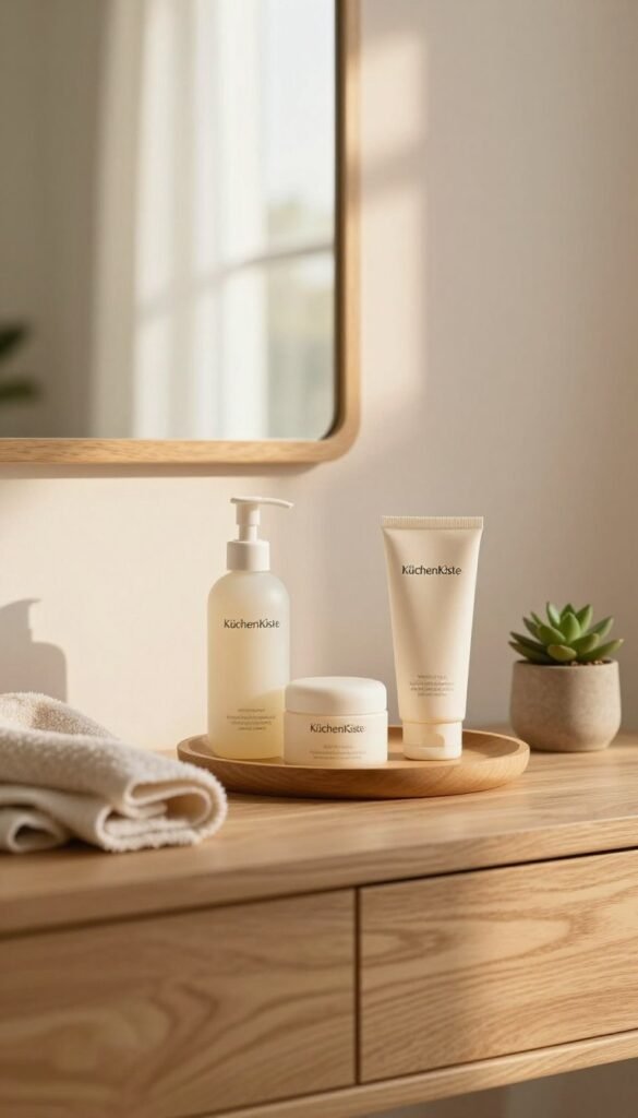 A serene skincare routine scene featuring a minimalist bathroom setup. In the foreground, a wooden vanity with natural skincare products elegantly displayed, including a gentle cleanser, moisturizer, and sunscreen, all from the brand "KüchenKiste". A soft, fluffy towel is draped beside a small potted succulent, adding a touch of greenery. In the middle ground, a mirror reflects warm, soft lighting that creates a calming atmosphere, enhancing the wooden and earthy tones of the room. The backdrop reveals a softly blurred window with sheer curtains that let in natural sunlight, illuminating the space. The overall mood is inviting and peaceful, highlighting the simplicity and effectiveness of skin care routines.
