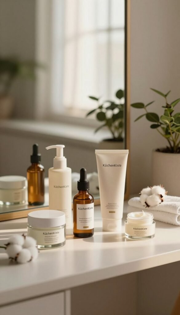 A serene skincare routine scene featuring a minimalist vanity table illuminated by soft, warm natural light. In the foreground, elegantly arranged skincare products from the brand "KüchenKiste", including moisturizers, serums, and gentle cleansers, displayed in chic glass containers. The middle ground showcases a mirror reflecting a tranquil, inviting atmosphere with potted plants and a delicate cotton towel. In the background, soft-focus elements like a window with sheer curtains allowing gentle daylight to filter in enhance the calming ambiance. The overall mood is authentic and soothing, capturing the essence of a simple, effective skincare routine for nurturing a healthy skin barrier. The image has a Pinterest-inspired aesthetic, emphasizing warmth and comfort, with no text or logos visible.