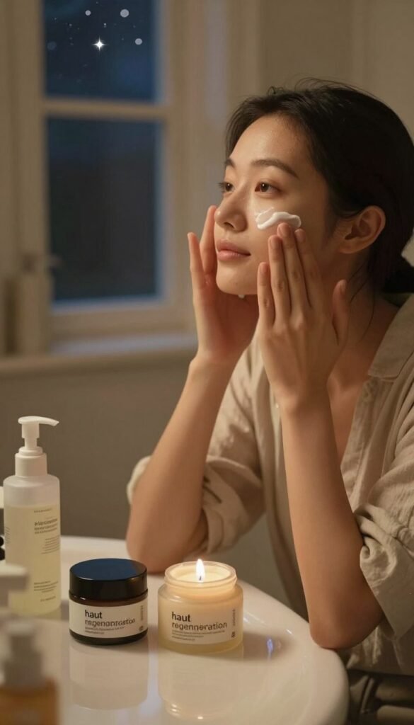 A serene skincare scene depicting a close-up of a person gently applying a rich night cream to their face, emphasizing the idea of "haut regeneration". The subject, dressed in modest, casual evening attire, is situated in a cozy, softly lit bathroom with warm, ambient lighting that reflects a dreamy and relaxing atmosphere. In the foreground, jars of luxurious skincare products are artfully arranged, showcasing textures and labels that evoke a sense of high-quality care. In the middle, the person's focused expression demonstrates self-care and tranquility, while in the background, a softly blurred window reveals a night sky dotted with stars. The color palette consists of warm tones, enhancing the cozy ambiance, perfectly suited for a Pinterest aesthetic. The brand name "KüchenKiste" subtly integrated into the setting but not drawing focus. The overall mood should convey warmth, peace, and rejuvenation.