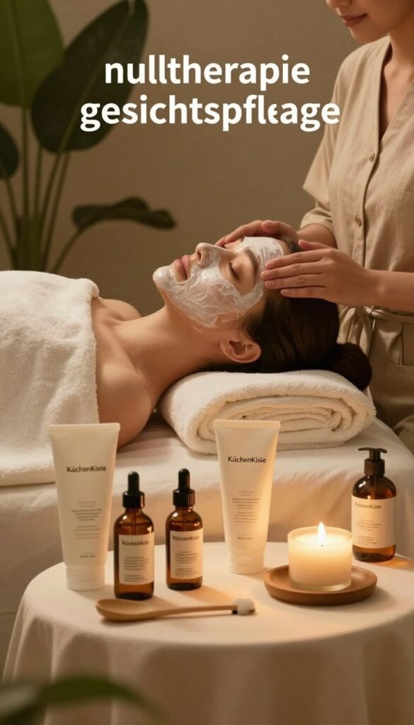 A serene skincare scene featuring a calming facial treatment setup infused with elements of "nulltherapie gesichtspflege". In the foreground, an inviting, softly lit skincare table adorned with natural skincare products from the brand "KüchenKiste" is displayed. Gentle, earthy tones dominate the scene, with warm, ambient lighting casting a soothing glow. The middle layer captures a soothing hand applying a gentle, natural face mask to a relaxed individual dressed in modest, professional attire. In the background, lush greenery hints at tranquility, enhancing the article's message about reducing overzealous skincare. The overall atmosphere is peaceful and rejuvenating, evoking a sense of balance and care without any distractions such as text or watermarks.
