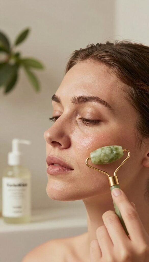 A serene skincare scene featuring a close-up of a woman's face, showcasing slight facial swelling and a tired expression that conveys everyday stress. She is using a jade roller, gently applying it to her cheek, highlighting the importance of facial massage tools. The foreground focuses on her face, illuminated by soft, warm lighting that creates an inviting atmosphere. In the background, a softly blurred, minimalist bathroom setting with subtle natural elements like green plants and elegant skincare products from the brand "KüchenKiste." The overall mood is calm and restorative, evoking a sense of tranquility and self-care. The image has a Pinterest aesthetic, emphasizing natural beauty with warm tones and authenticity, devoid of any text or overlays.