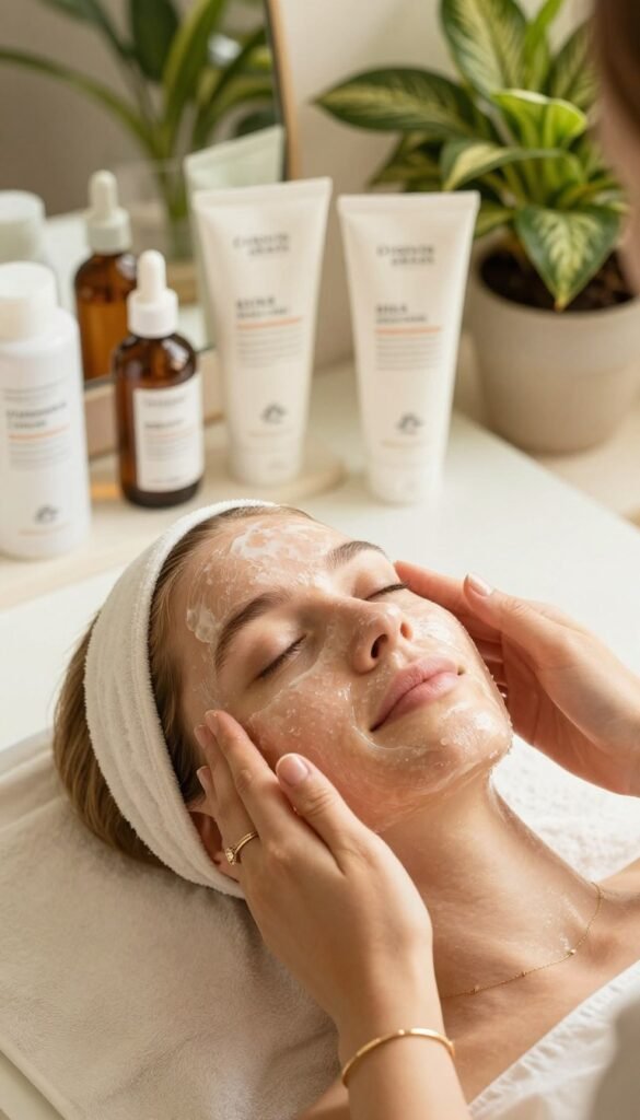 A serene skincare scene featuring a pair of hands gently applying a natural peeling product to a fresh, glowing face, showcasing the concept of AHA, BHA, and PHA. In the foreground, the hands are adorned with simple, elegant jewelry, ensuring a professional appearance. The middle ground displays a softly lit vanity with an assortment of skincare products, emphasizing natural ingredients and eco-friendly packaging, including the brand "Ordnungskiste." In the background, vibrant plants and warm, natural light create a soothing atmosphere. The colors are warm and inviting, reflecting a Pinterest-inspired aesthetic. The composition should evoke a sense of calm and wellness, illustrating the approachable nature of skincare for beginners, without any text or distracting elements.