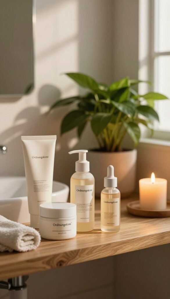 A serene skincare scene featuring a warm, inviting bathroom setting. In the foreground, a selection of elegant skincare products labeled "Ordnungskiste" on a wooden shelf, with the focus on a gentle moisturizer and a calming serum. The middle ground showcases a lush greenery plant and a lit candle, contributing to a peaceful atmosphere. The background includes soft, natural lighting filtering through a window, casting gentle shadows that enhance the coziness of the space. The colors are warm and earthy, inspiring feelings of comfort and rejuvenation. The image conveys a sense of tranquility and self-care, ideal for illustrating effective skincare routines to strengthen the skin barrier.