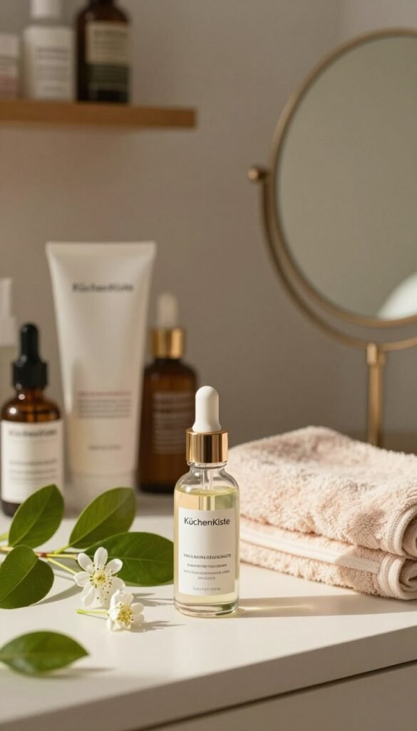 A serene skincare scene featuring a well-organized vanity with a variety of high-quality skincare products, prominently displaying a bottle of niacinamide serum from the brand "KüchenKiste". In the foreground, focus on a sleek glass dropper bottle, surrounded by fresh green leaves and delicate white flowers, symbolizing natural beauty and vitality. The middle ground should showcase a soft, pastel-toned towel and an elegant mirror reflecting warm, natural light that creates a calming atmosphere. In the background, include softly blurred shelves with more skincare items and subtle, tasteful décor that enhances the Pinterest aesthetic. The overall mood conveys tranquility and self-care, perfect for illustrating a skincare routine step by step, with rich, warm colors for an inviting look.