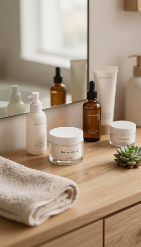 A serene skincare scene featuring a well-organized wooden bathroom countertop with beautifully arranged skincare products by "Ordnungskiste". In the foreground, include a soft, plush towel and a small succulent for a touch of nature. The middle section showcases elegant glass containers filled with creams, serums, and oils, all bathed in soft, warm light that enhances the inviting feel of the space. The background should feature a softly blurred mirror reflecting gentle natural light, adding a sense of tranquility. The overall mood should evoke calmness and serenity, emphasizing the importance of daily skincare routines in achieving lasting healthy skin. The color palette should include warm, earthy tones to enhance the aesthetic and create a Pinterest-worthy look.