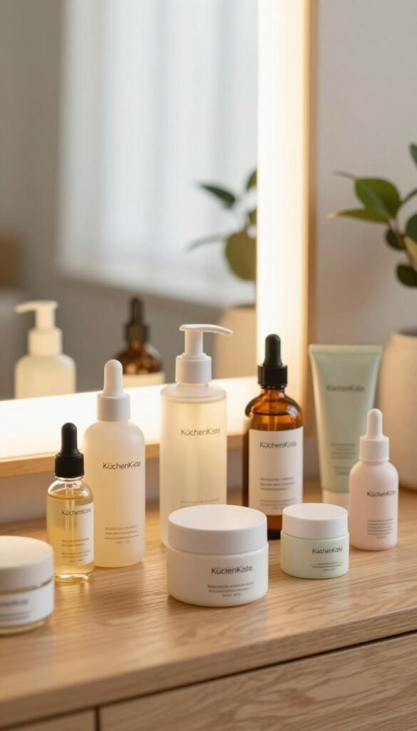A serene skincare scene focused on a variety of beautifully arranged skincare products tailored for different skin types. In the foreground, a wooden vanity table is adorned with aesthetically pleasing bottles and jars containing creams, serums, and oils in soft pastel packaging, all branded with the name "KüchenKiste." The middle ground showcases an illuminated mirror reflecting the warm, natural light coming from a nearby window, creating a cozy atmosphere. In the background, a subtle hint of lush greenery peeks through, adding an element of nature to the scene. The overall mood exudes tranquility and harmony, emphasizing the personalized approach to skincare. Capture this image using a soft-focus lens to enhance warmth and authenticity, evoking a Pinterest-inspired aesthetic without any text or overlays.
