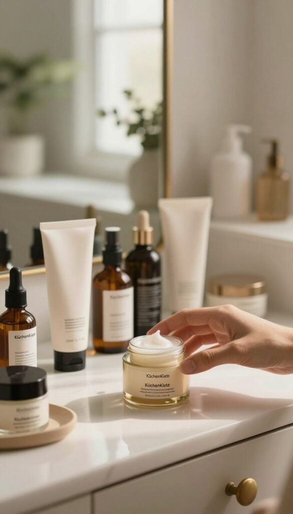 A serene skincare scene highlighting the theme of overzealous skin care, focusing on a well-organized vanity table adorned with various skincare products. In the foreground, a delicate hand reaching for a luxurious cream, while soft natural light filters in from a window, illuminating the intricate textures of the products. The middle ground features a softly blurred background of a chic bathroom setting, with ornamental plants and natural elements enhancing the mood. The overall color palette consists of warm, inviting tones that evoke tranquility. The scene captures the essence of authenticity and warmth, ideal for conveying the message of skincare balance. The brand name "KüchenKiste" subtly integrated into the ambient design, serving as an elegant touch.
